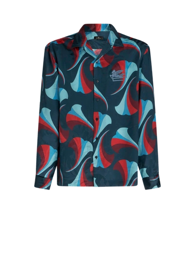 Etro Floral Print Silk Shirt In Navy Blue