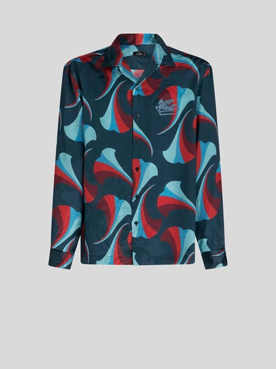 Shop Etro Silk Bowling Shirt With Floral Print In Navy Blue