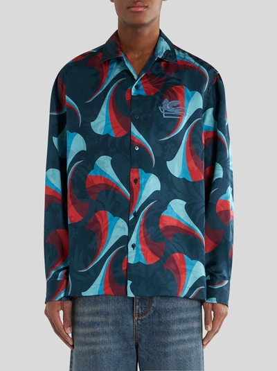 Shop Etro Silk Bowling Shirt With Floral Print In Navy Blue