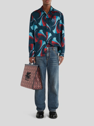 Shop Etro Silk Bowling Shirt With Floral Print In Navy Blue