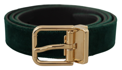 Shop Dolce & Gabbana Emerald Velvet Designer Belt With Golden Men's Buckle In Green