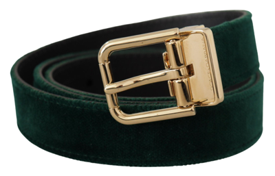 Shop Dolce & Gabbana Emerald Velvet Designer Belt With Golden Men's Buckle In Green