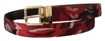 Dolce & Gabbana Red Jacquard Rose Leather Gold Metal Buckle Belt In Red