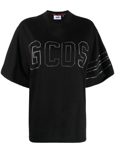 Shop Gcds Cotton T-shirt With Crystal Logo In Black