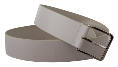 Dolce & Gabbana White Leather Wide Silver Metal Buckle Belt In White