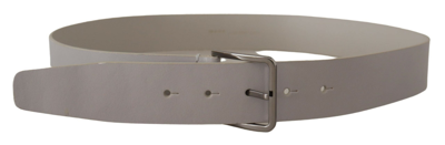 Dolce & Gabbana White Leather Wide Silver Metal Buckle Belt In White