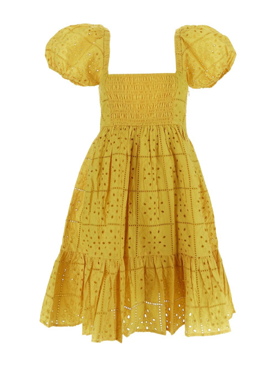 Shop Ganni Lace Mini Dress In Yellow