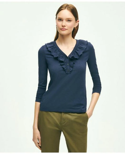 Shop Brooks Brothers Long Sleeve Cotton Modal Ruffled Top | Navy | Size Xs