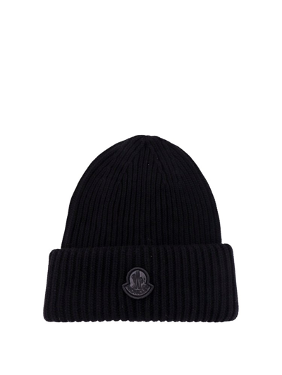 Shop Moncler Logo Patch Ribbed Beanie In Black