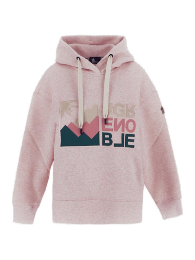 Shop Moncler Grenoble Logo Embroidered Drawstring Hoodie In Pink