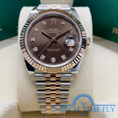 Pre-owned Rolex 126331 Datejust 41mm Rose Gold Fluted Bezel Chocolate Diamond Diamond Dial