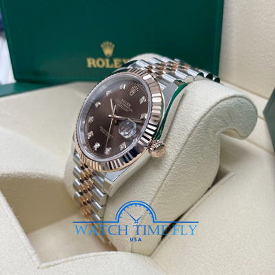 Pre-owned Rolex 126331 Datejust 41mm Rose Gold Fluted Bezel Chocolate Diamond Diamond Dial
