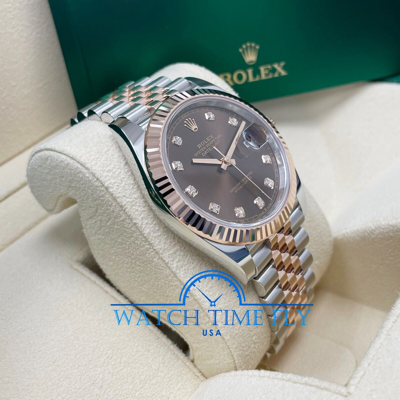 Pre-owned Rolex 126331 Datejust 41mm Rose Gold Fluted Bezel Chocolate Diamond Diamond Dial