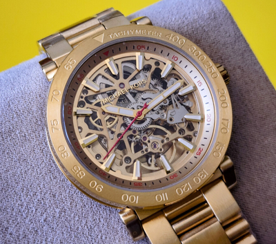 Pre-owned Michael Kors Greer Gold Mens Automatic Skeleton Watch Mk9035