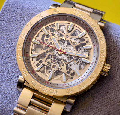 Pre-owned Michael Kors Greer Gold Mens Automatic Skeleton Watch Mk9035