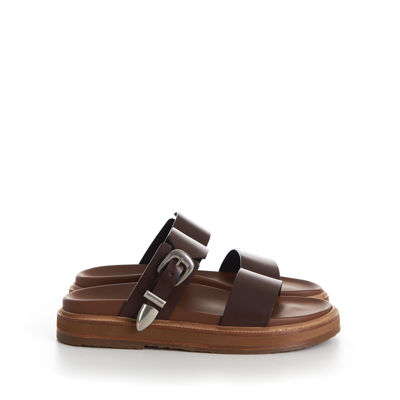 Pre-owned Celine 1050$ Tippi Slide Sandals - Brown Leather, Western Buckle