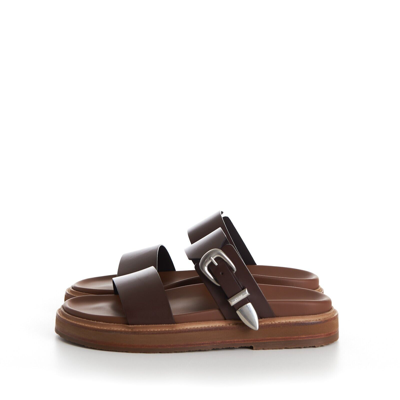 Pre-owned Celine 1050$ Tippi Slide Sandals - Brown Leather, Western Buckle