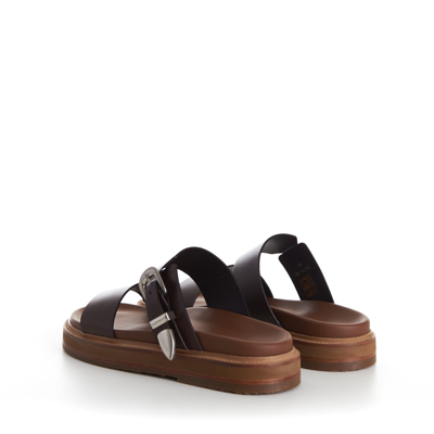 Pre-owned Celine 1050$ Tippi Slide Sandals - Brown Leather, Western Buckle