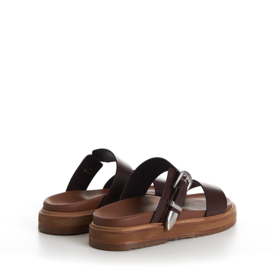 Pre-owned Celine 1050$ Tippi Slide Sandals - Brown Leather, Western Buckle