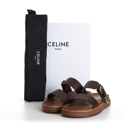 Pre-owned Celine 1050$ Tippi Slide Sandals - Brown Leather, Western Buckle