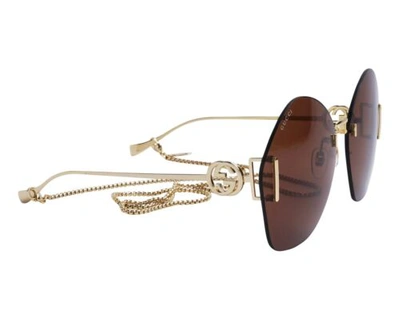 Pre-owned Gucci Gg1203s 003 Gold Brown Lens Gold Chain Women Sunglasses Authentic