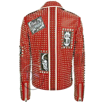 Shop Pre-owned Handmade Men's Red Color Silver Studded & Patches Genuine Leather Biker Fashion Jacket In Same As Shown In Picture