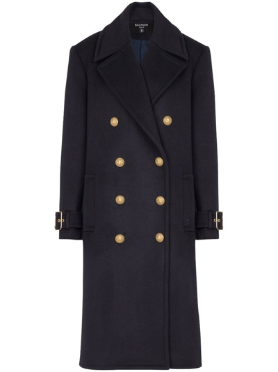 Shop Balmain Blue Oversize Double-breasted Coat