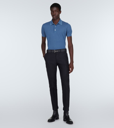 Shop Tom Ford Cotton And Silk Polo Shirt In Blue