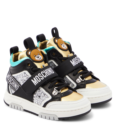 Shop Moschino Logo Leather High-top Sneakers In Multicoloured