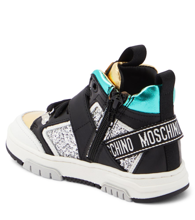 Shop Moschino Logo Leather High-top Sneakers In Multicoloured