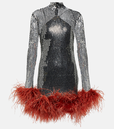 Shop Taller Marmo Williams Feather-trimmed Sequined Minidress In Silver