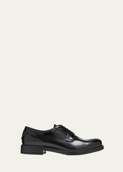 Shop Prada Men's Brushed Leather Heel-triangle Derby Shoes In Black