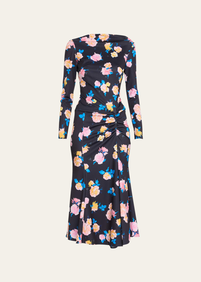 Shop Monique Lhuillier Floral-print Long-sleeve Midi Dress With Side Drape In Navymulti