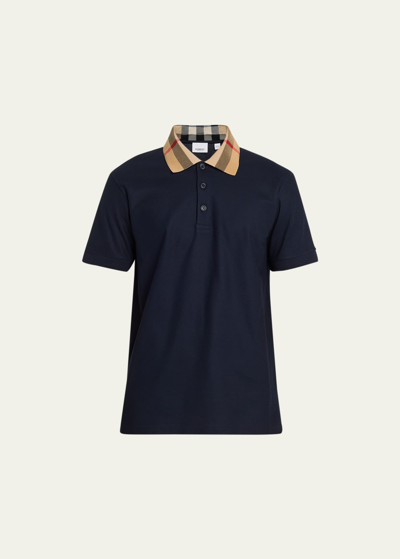 Shop Burberry Men's Pique Check-collar Polo Shirt In Smoked Navy