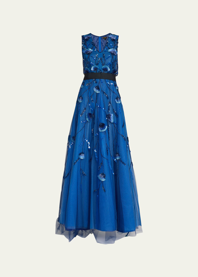 Shop Reem Acra V-neck Embroidered A-line Gown With Black Waistband In Bluemulti