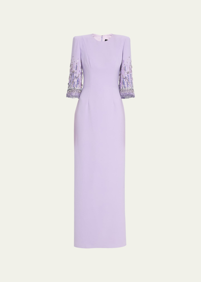 Shop Jenny Packham Bergman Embellished-sleeve Gown In Lavender