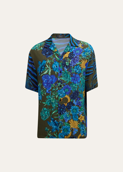 Shop Versace Men's Wildflower Tiger-print Camp Shirt In Khakimulticolor