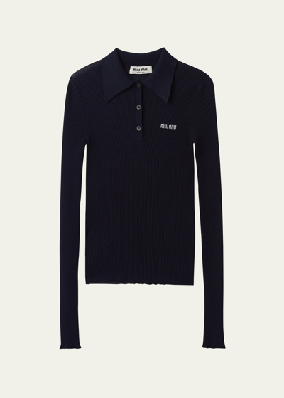 Shop Miu Miu Logo-intarsia Cashmere Ribbed Polo Shirt In F0008 Bleu