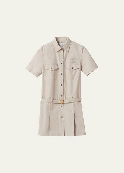 Shop Miu Miu Panama Belted Mini Shirtdress In F0a08 Calce
