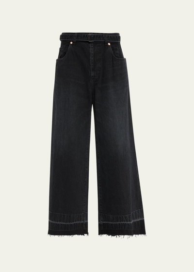 Shop Sacai Belted Wide-leg Crop Jeans In Black