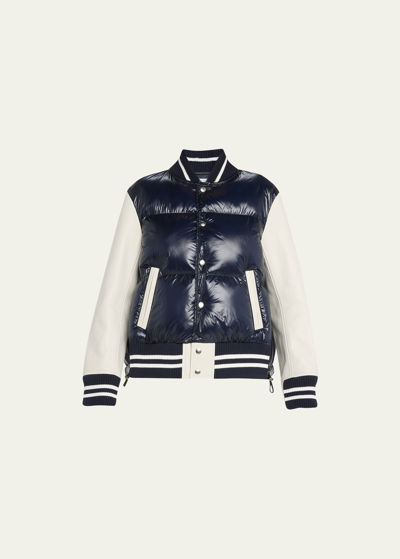 Shop Sacai Combo Leather Varsity Puffer Jacket In Navy X Off White