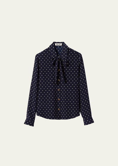 Shop Miu Miu Polka-dot Silk Scarf-neck Shirt In F069q Blu Avorio