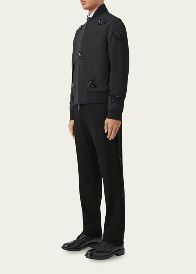Shop Burberry Men's Slim-fit Wool Trousers W/ Side Crystal Details In Black