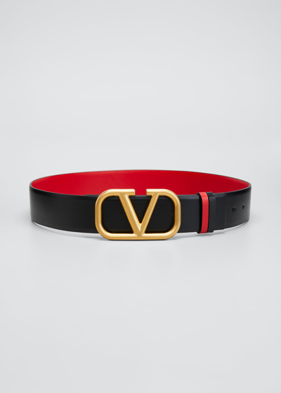 Shop Valentino Vlogo Reversible Box Leather Belt In Black / Red