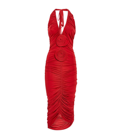 Shop Magda Butrym Rose Appliqué Ruched Midi Dress In Multi