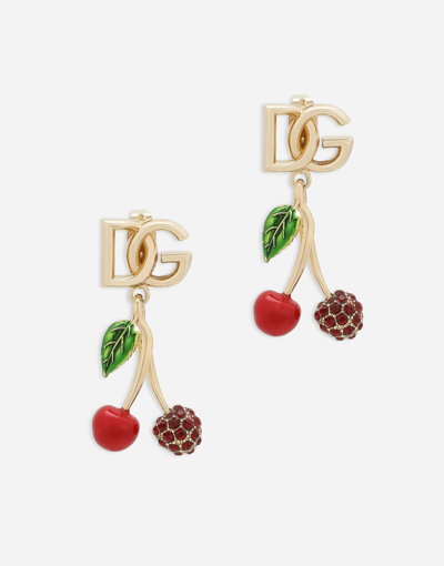 Shop Dolce & Gabbana Earrings With Dg Logo And Cherries In Gold