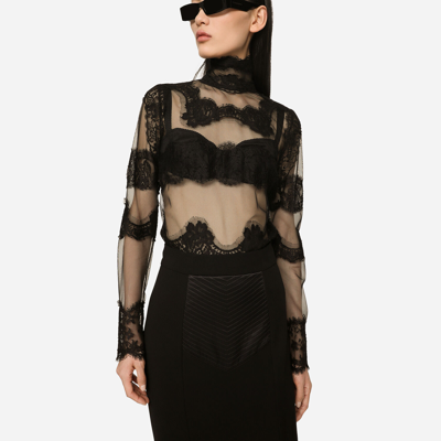 Shop Dolce & Gabbana Tulle Turtle-neck Top With Lace Inserts In Black