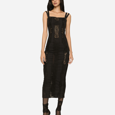 Dolce & Gabbana Jersey Calf-length Dress With Lace Inserts In Black