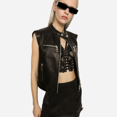 Dolce & Gabbana Logo-plaque Leather Waistcoat In Black