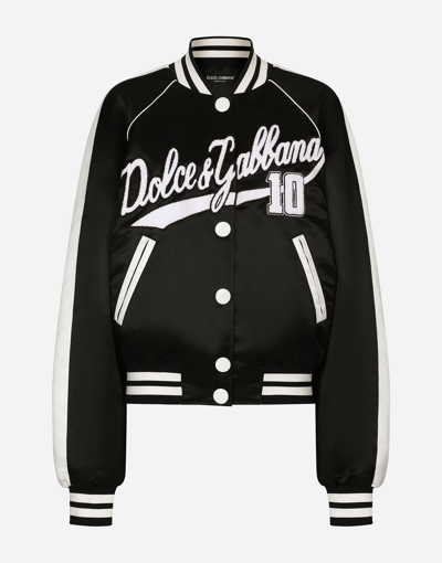 Dolce & Gabbana College Bomber Jacket In Satin With  Embroidery In Black